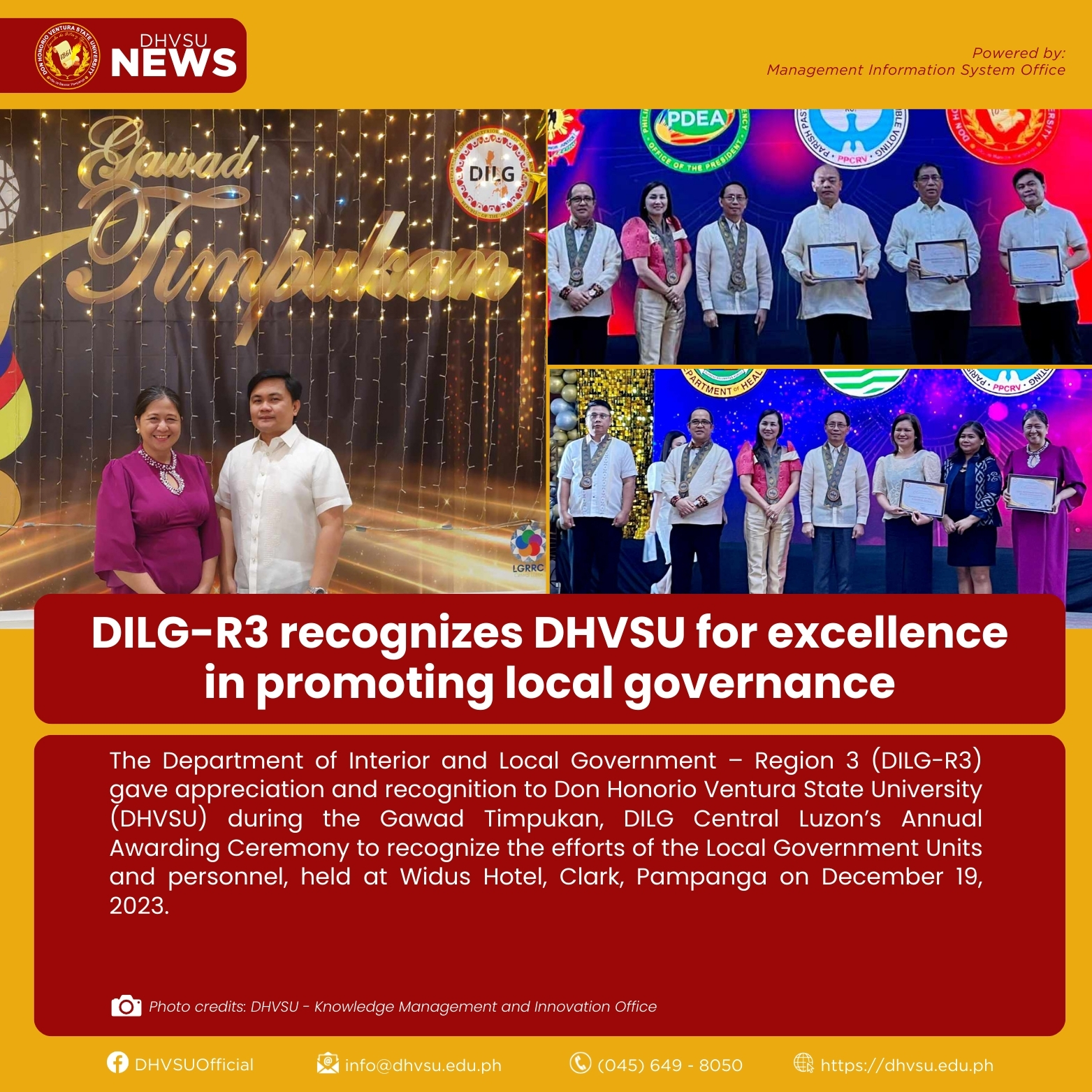 12212023 DILG R3 recognizes DHVSU for excellence in promoting local governance Information DHVSU