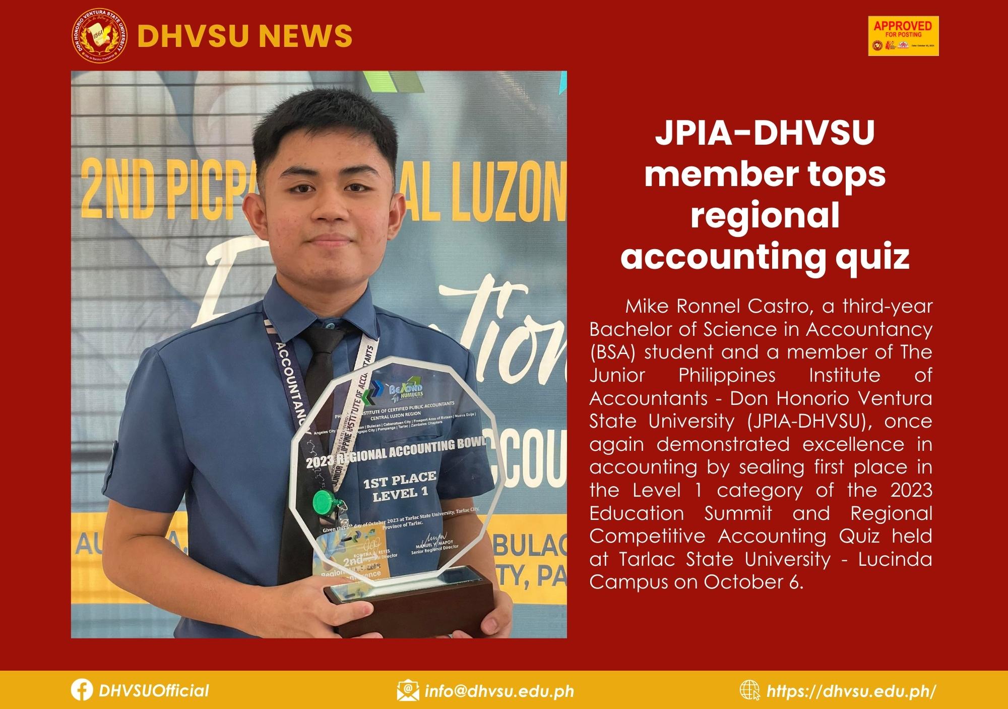 10102023 JPIA DHVSU member tops regional accounting quiz 1 Information DHVSU